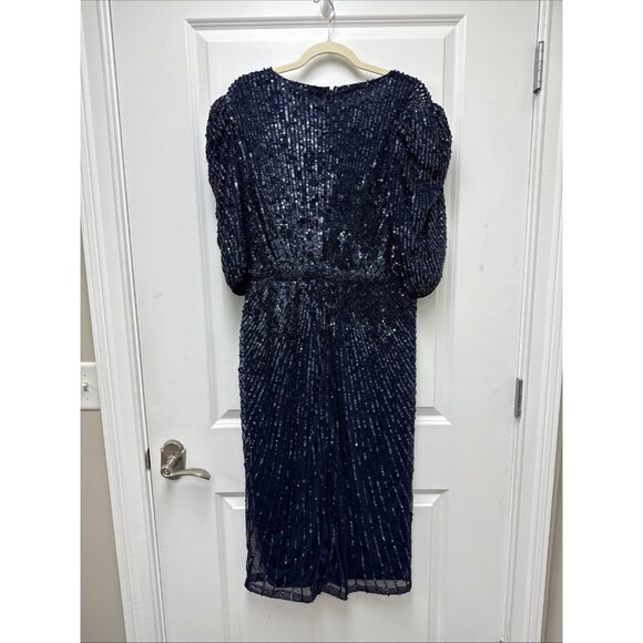Mac Duggal Size 14 Navy Blue 5578 Sequined Short Sleeve Cocktail Evening Dress - Picture 7 of 11